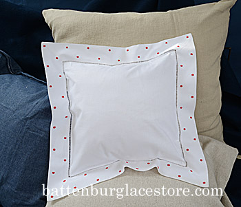 Hemstitch Baby Pillow, Red color polka dots, 12x12".